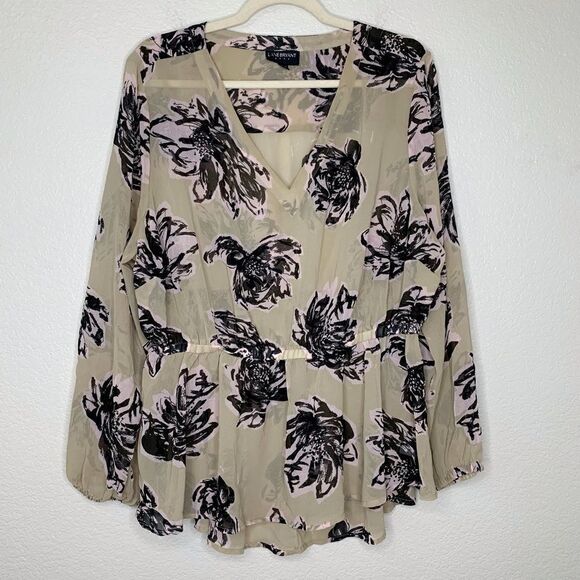 Lane Bryant Boho Floral V-neck Sheer Tan Long Sleeves Peplum Top - Picture 1 of 11